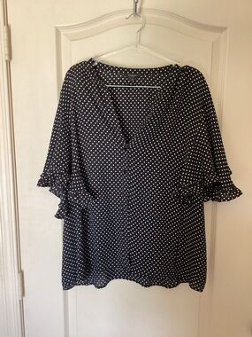 Ann Taylor Factory Polka Dot Ruffle Blouse XL Black White Sheer Top